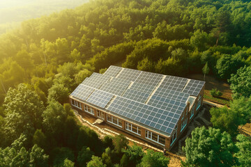 A large building with solar panels on the roof