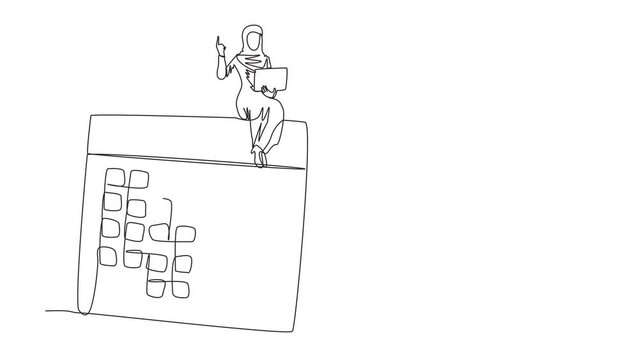 Self drawing animation of one line drawing Arab businesswoman sitting on giant desk calendar raising one hand. Work life balance. Full length animated