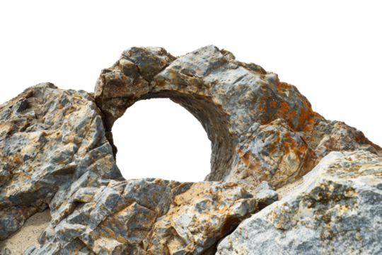 Round hole in a stone rock , cut out transparent isolated on white background ,PNG file