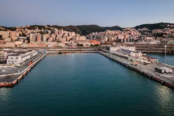 Fototapeten Panoramic view of port of Genoa on Mediterranean coast early morning © lara-sh