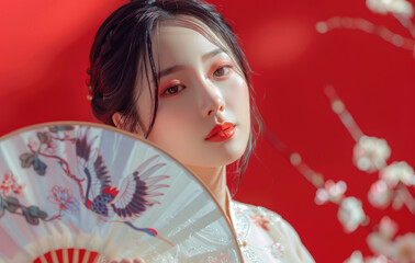 A beautiful Chinese woman in white Hanfu holds an embroidered crane pattern round fan against a red background
