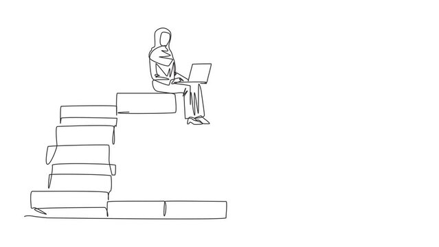 Animation of one line drawing Arabian businesswoman sitting on giant piles of paper while working with laptop. Full length single line animation