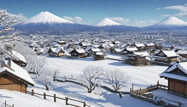 Anime-style illustration scenery of the Japanese countryside with snow falling colorful background
