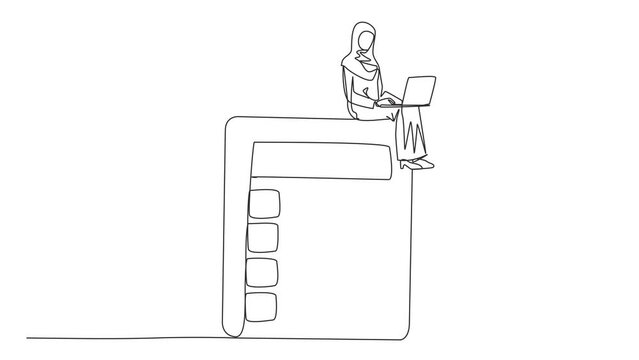 Animation of continuous one line drawing young Arabian businesswoman sitting on a giant calculator working on laptop computer. Full length motion