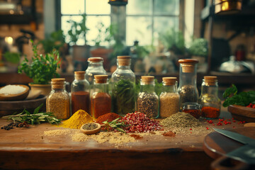 Various spices neatly arranged in the kitchen.