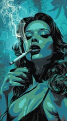 Fototapeta na wymiar Woman Smoking Cigarette in the Rockabilly Poster Style with Green, Blue and Black Color Scheme Touch created with Generative AI Technology