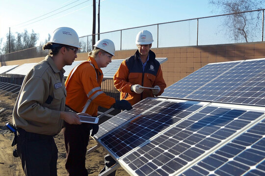 Three men are standing in front of a solar panel, looking at it