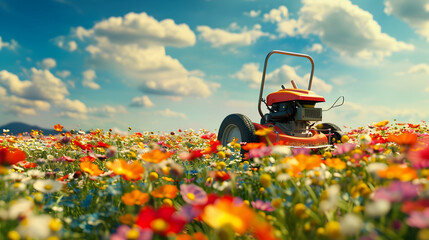 A lawn mower is parked within a vast field of colorful flowers ready for maintenance and upkeep - obrazy, fototapety, plakaty