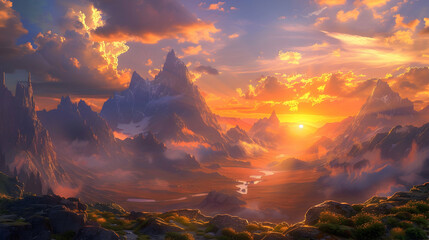 A majestic sunset over a mountain landscape in a fantasy environment