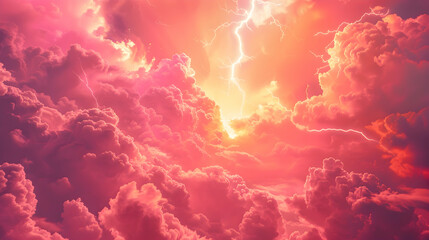A pink and orange sky with a lightning bolt in the middle