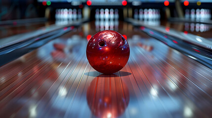 A red bowling ball rests on top of a polished bowling alley lane ready for a game of bowling