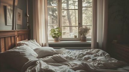A simple bedroom setting with a bed placed next to a window creating a cozy and functional space