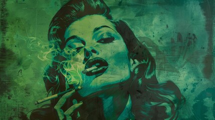 Woman Smoking Cigarette in the Rockabilly Poster Style with Green, Blue and Black Color Scheme Touch created with Generative AI Technology