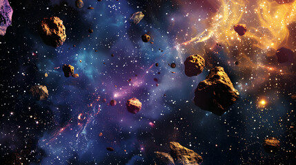 A swarm of asteroids isolated banner format Bright color