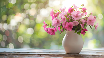 A white vase filled with pink flowers placed on top of a wooden table