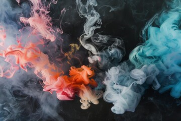 Vivid orange and blue smoke trails rise and intertwine against a stark black background in a captivating dance. - obrazy, fototapety, plakaty