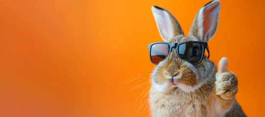 Fotobehang A rabbit wearing sunglasses and giving a thumbs up. rabbit has a thumbs up gesture, of a happy and positive mood. Easter bunny rabbit with sunglasses, giving thumb up, isolated on orange background © Nataliia_Trushchenko