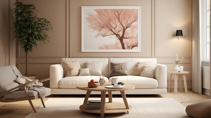 A beautiful living room with a large pink tree painting.