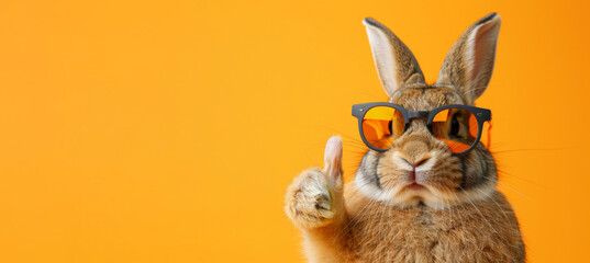 A rabbit wearing sunglasses and giving a thumbs up. rabbit has a thumbs up gesture, of a happy and positive mood. Easter bunny rabbit with sunglasses, giving thumb up, isolated on orange background