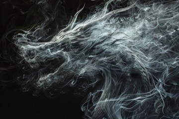 Tangled streams of white smoke twist and turn in chaotic patterns, offering a captivating visual on a dark background. - obrazy, fototapety, plakaty