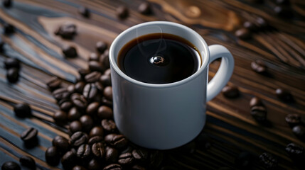 Cafes and restaurants a mug of invigorating black coffee and coffee beans