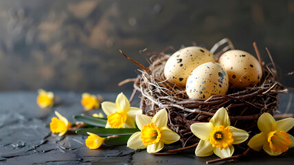  White yellow easter eggs in a bird nest basket and yellow daffodils flowers , generated AI