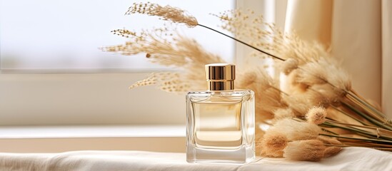 A glass bottle of liquid perfume is elegantly displayed on a table next to dried flowers. This still life photography captures the beauty of the fashion accessory in a room with wooden accents - obrazy, fototapety, plakaty