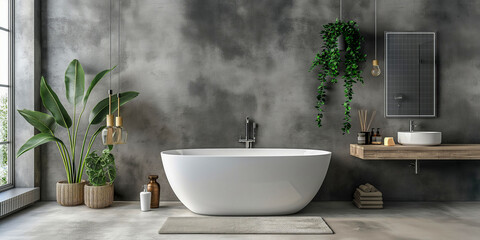 Modern Bathroom with Freestanding Tub and Industrial Chic Decor
