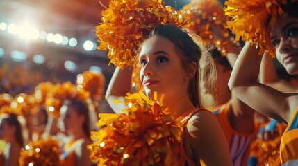 Cheerleader group dancing with pom-poms at basketball stadium.