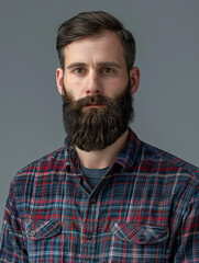 A bearded man with carefully groomed hair in a checkered shirt poses against a muted background