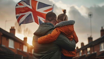 United Kingdom's Proud Family: Father and Daughter Hold Smiling Union Jack Flag
 - obrazy, fototapety, plakaty