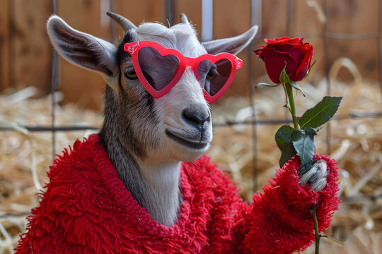 A goat wearing pink sunglasses and a red rose in its mouth. goat is wearing a red shirt and he is posing for a photo. A goat dressed in a red shirt and bright heart shaped glasses holding a red rose
