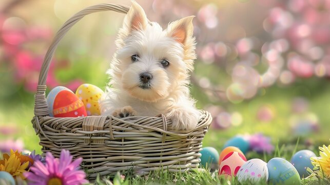 in a beautiful yard full of colourful flowers, a sweet little Westi sits in a wicker basket, surrounded by Easter eggs