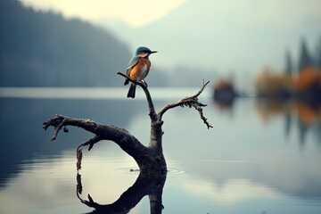 A little bird stood on a branch and looking down at the beautiful lake