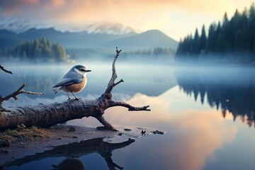 A little bird on a branch and looking down at the beautiful lake
