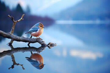 A little bird stood on a branch and looking down at the beautiful lake