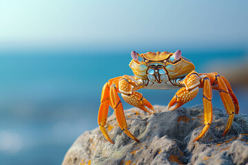 A sea crab standing on a rock by the sea. - obrazy, fototapety, plakaty