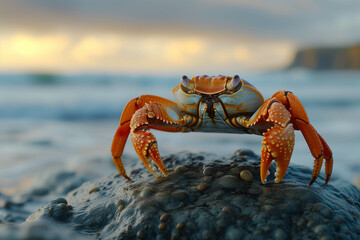A sea crab standing on a rock by the sea.