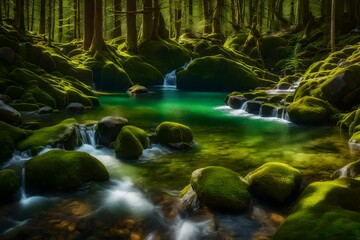 A picturesque small pond surrounded by moss-covered rocks, with a gently trickle pouring into the crystal-clear water.