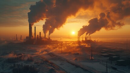 Smoke billows from towering stacks against a dramatic sunset, painting a scene of industrial activity in frigid temperatures. The contrasting warmth of the sky and coolness of the snow suggests a