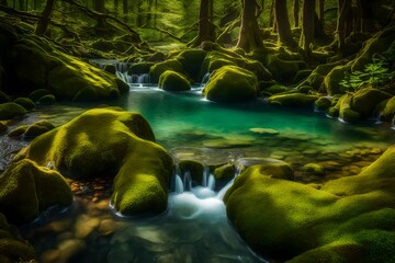 Fototapeta premium Idyllic mini pond surrounded by moss-covered rocks, with a gentle stream flowing into the crystal-clear water