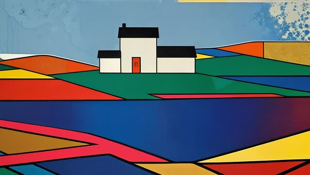Abstract painting of a white house with a red door and black roof, on a multicolored geometric landscape against a blue sky