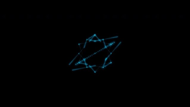 Glowing neon Metatron Cube, consisting of many small blue flashing dots, light bulbs. Sacred geometry. 4k 3d loop animation 60 fps.