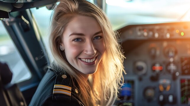 a female pilot sits in the cockpit of his passenger aircraft