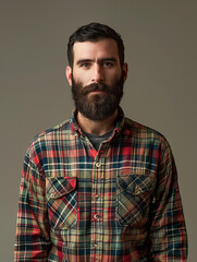 Fototapeta premium A contemplative bearded man wearing a colorful plaid shirt, staring off into the distance