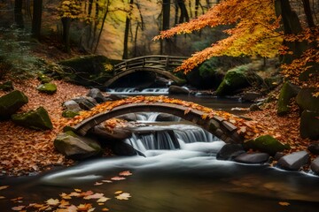 A tiny stone bridge arching gracefully over a babbling creek, framed by autumn leaves in a peaceful woodland setting 