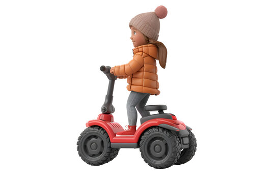 A 3D animated cartoon render of a young girl riding a segway.