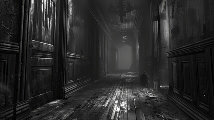As you step cautiously forward in hospital, the floorboards creak beneath your weight, echoing through the desolate corridor like whispers from the past.  - obrazy, fototapety, plakaty