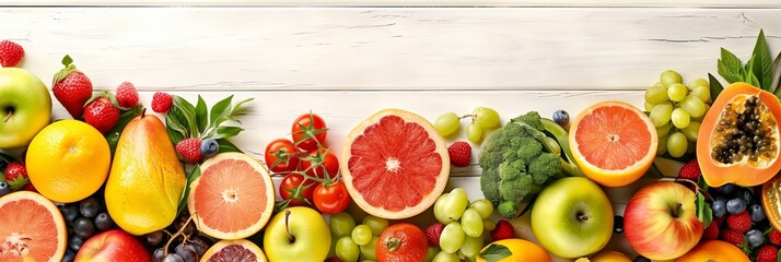 Frame with lots of healthy fruits and vegetables with copy space