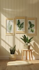 nature imagery framed on a wall surrounded by plants in a well-lit room